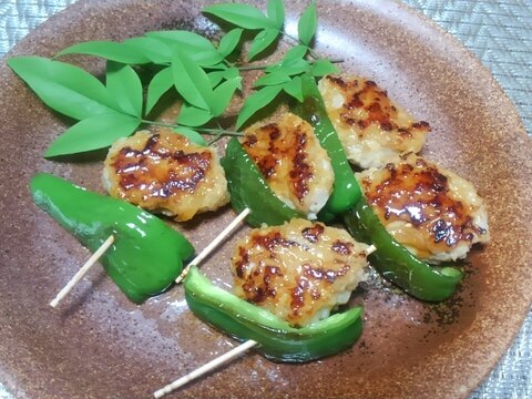 おから入り鶏肉のつくねとピーマンの焼き鳥風☆